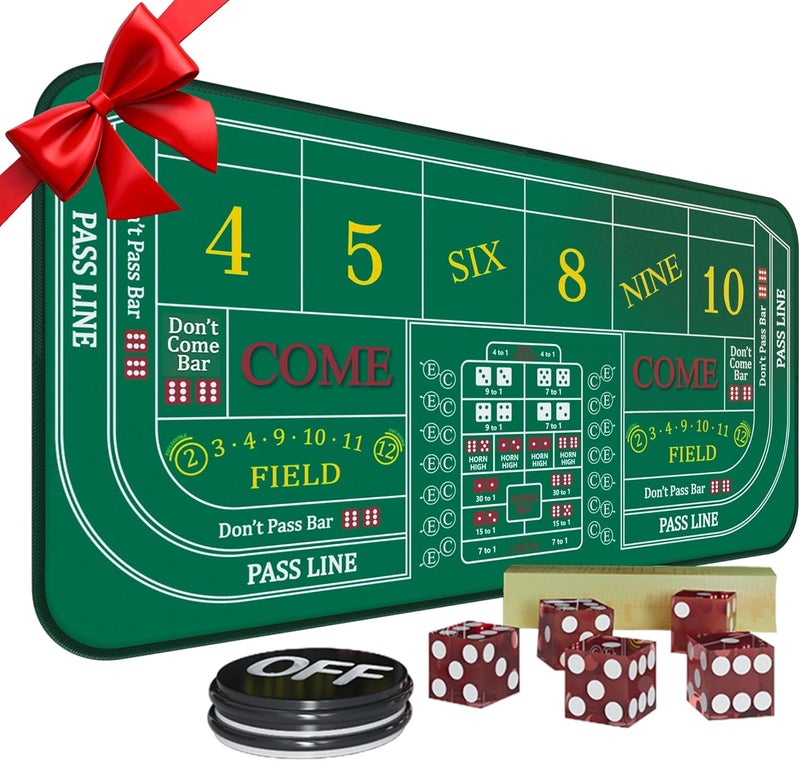 iEsstros Craps Table Top Set Craps Mat 70" x 35" Craps Table Mat Craps Table Top Mat with 5 Craps Casino Craps ON/Off Poker Button Storage Bag Craps Game Layout-Green - Image 1